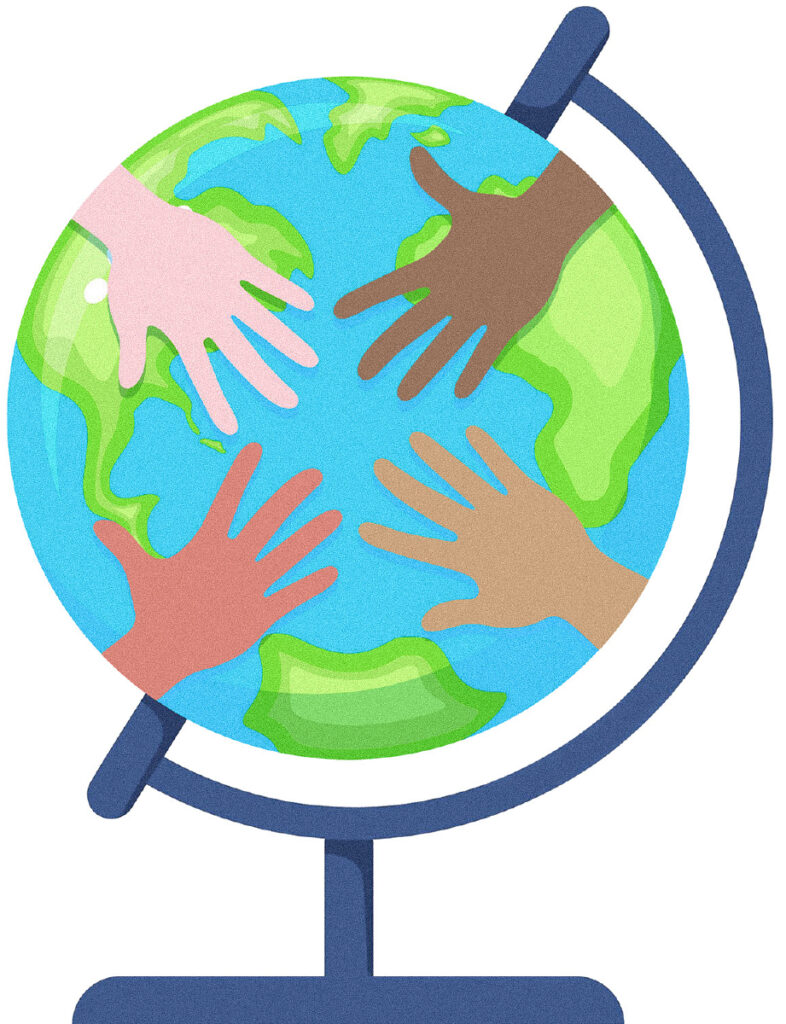 Globe with hands spanning.