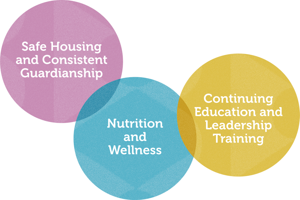 Safe Housing and Consistent Guardianship

Nutrition and Wellness
Access to Mental Health Services
Continuing Education and Leadership Training